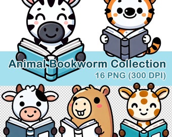 Dierlijke boekenwurm clipart, lezing png-collectie (16 bestanden) (digitale download)