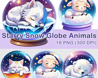 Clipart de animais em globo de neve estrelado em aquarela (18 PNG)