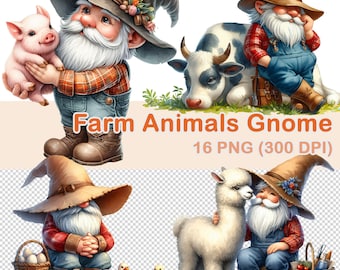 Clipart aquarel boerderijdieren kabouter: 16 png-afbeeldingen (digitale download)