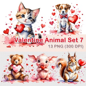 Cute Watercolor Valentine Animal Clipart Set 7, 13 PNG Transparent, 300 DPI