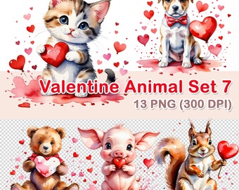 Conjunto de clipart de animais em aquarela para o Dia dos Namorados: 13 imagens PNG (300 DPI)