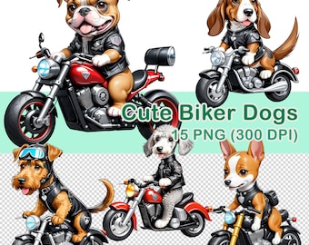 Clipart de cães motociclistas em aquarela: 15 imagens PNG (300 DPI)