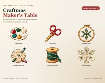 Craftmas Maker’s Table PNG Clipart, 18 Winter Craft Components, Transparent Holiday Digital Download
