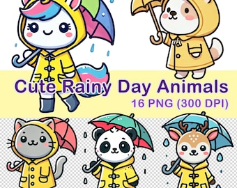 Clipart aquarel regenachtige dag dieren: 16 png-afbeeldingen (digitale download)