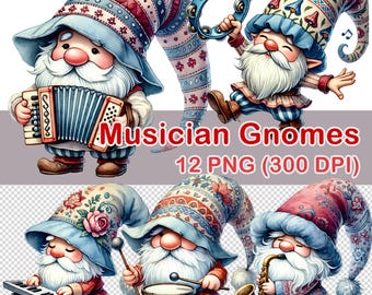 Clipart de Gnomos Músicos em Aquarela: 12 Imagens PNG (Download Digital)