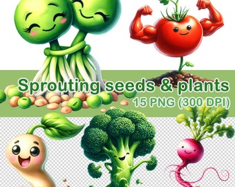 Watercolor Sprouting Seeds and Plants Clipart, PNG (Digital Download)