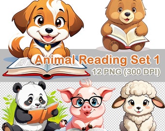 Desenho animado de animal lendo, imagens PNG transparentes (download digital)