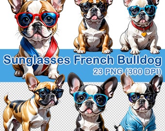 Clipart de Bulldog Francês em Aquarela: Óculos de Sol, 23 Imagens PNG (Download Digital)