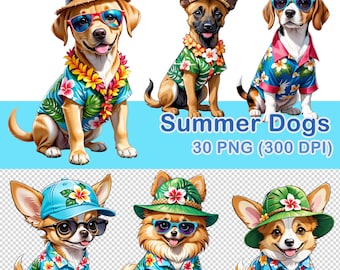 Clipart de perros de verano en acuarela: Imágenes PNG de vacaciones en Hawái (descarga digital)