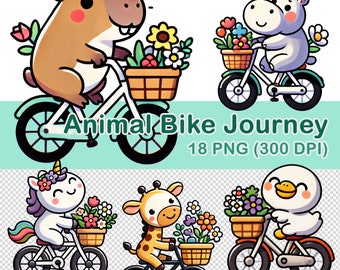 Dierlijke fietsreis clipart, 18 PNG transparant, 300 DPI, schattige cartoon dierlijke fietsreis clipart, schattige dieren fietsreis, dierenfiets