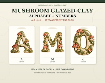 Alfabeto de cogumelos PNG A-Z + Números 0-9, Letras de argila vidrada com tema de floresta, Clipart digital transparente