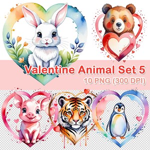 Watercolor Valentine Animals Clipart: 10 PNG Images (300 DPI) (Digital Download)