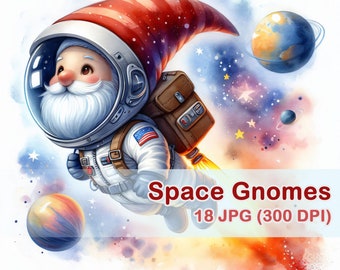 Watercolor Space Gnomes Clipart: 18 JPG Images (Digital Download)