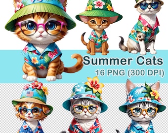 Clipart zomerkatten aquarel: 16 png-afbeeldingen (digitale download)