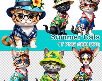 Watercolor Summer Cats Clipart: 17 PNG Images (Digital Download)