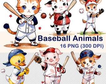Clipart de animais de beisebol em aquarela: 16 imagens PNG (download digital)
