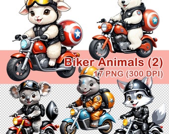 Watercolor Biker Animals Clipart: 17 PNG Images (Digital Download)