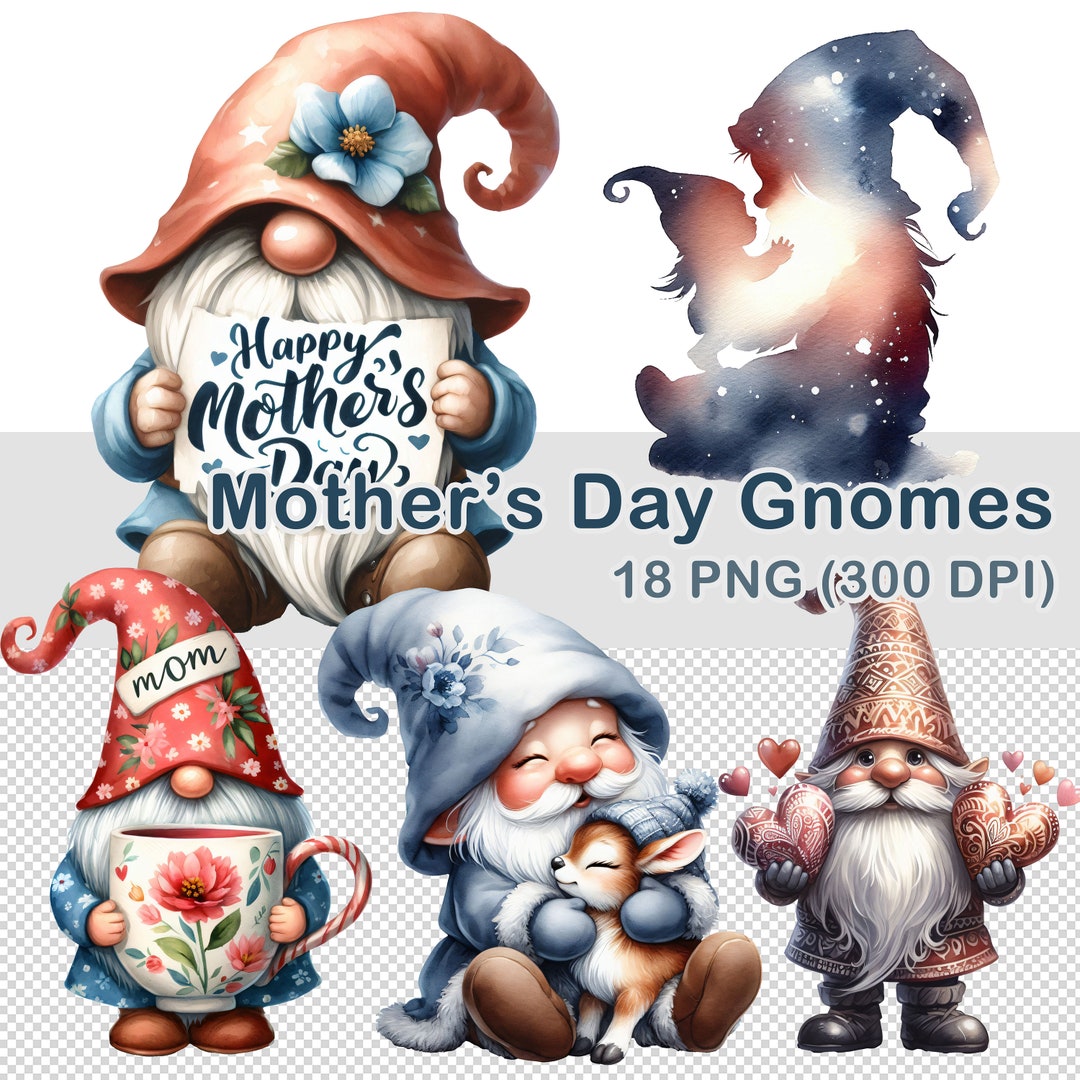 Mother's Day Gnomes Clipart, 18 PNG Transparent, 300 DPI, Cute ...