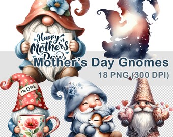 Watercolor Mother's Day Gnomes Clipart: 18 PNG Images (Digital Download)