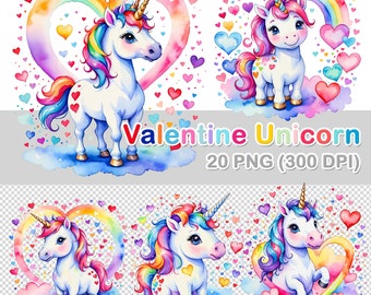 Clipart de unicórnio em aquarela para o Dia dos Namorados: 20 imagens PNG (300 DPI)