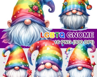 Aquarel LGBTQ Rainbow Gnome-clipart: 16 png-afbeeldingen (300 dpi)