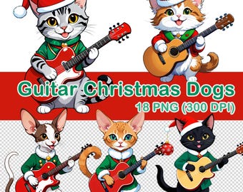Guitar Christmas Cats Clipart: 18 PNG Watercolor Images (Digital Download)