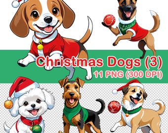 Clipart kersthonden, 11 transparant PNG, 300 DPI, schattige aquarel kersthonden, aquarel kersthonden, kersthonden, schattige honden