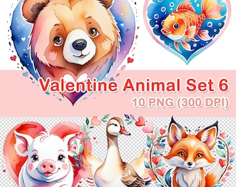 Clipart de animais em aquarela para o Dia dos Namorados, 10 imagens PNG (300 DPI)