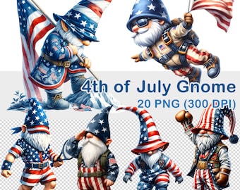 Clipart de gnomos em aquarela para o 4 de julho: 20 imagens patrióticas em PNG (download digital)