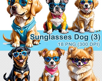 Clipart de cachorro com óculos de sol em aquarela, imagens PNG de filhotes (download digital)