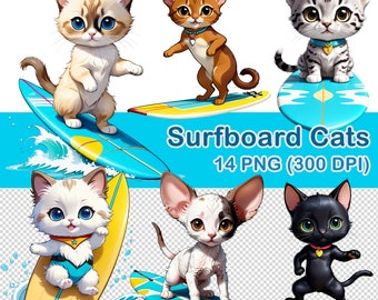 Gatos em aquarela com pranchas de surfe: 14 imagens PNG (download digital)