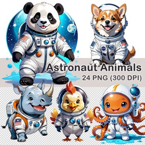 Watercolor Astronaut Animals Clipart: 24 PNG Images (Digital Download)