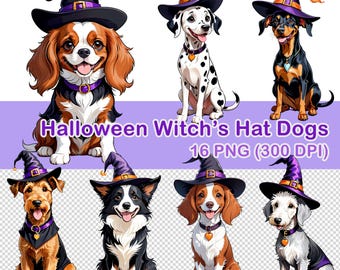 Clipart de cachorros em aquarela para o Halloween, chapéus de bruxa, 16 imagens PNG (download digital)