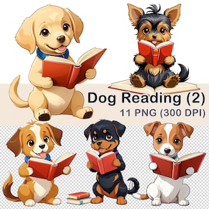 Clipart z psem czytającym, 11 PNG przezroczysty, 300 DPI, słodki akwarelowy clipart z psem czytającym, słodki clipart z psem czytającym, słodki pies czytający, słodki pies