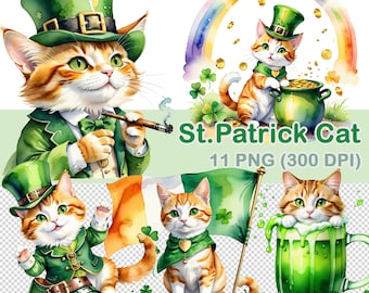 St. Patrick's Day kat clipart: aquarel png-afbeeldingen (digitale download)