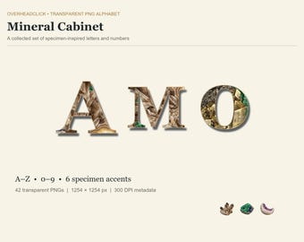 Alfabeto de espécimes minerais em PNG de A a Z + 0 a 9, letras de pedras preciosas e clipart de cristais.