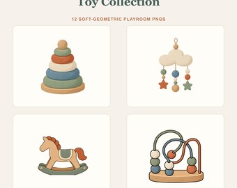 Conjunto de imagens PNG neutras para brinquedos de berçário: 12 ícones geométricos para sala de jogos, download digital transparente.