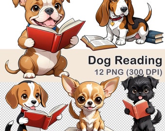 Clipart de Cachorro Lendo em Aquarela: 12 Imagens PNG (Download Digital)