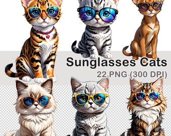 Clipart de gatos con gafas de sol en acuarela: 22 imágenes PNG (descarga digital)