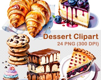 Watercolor Dessert Clipart Bundle: 24 PNG Images (Digital Download)