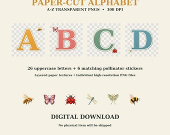 Alfabeto de Polinizadores PNG, Letras de Insetos Recortadas em Papel A–Z, Conjunto de Clipart Transparente, Download Digital em 300 DPI