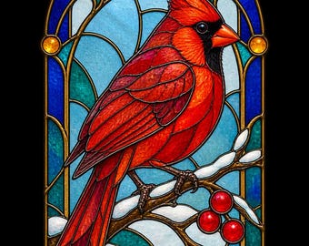 Conjunto de 8 ilustrações transparentes de pássaros em vitral com cardeal-do-norte em formato PNG.