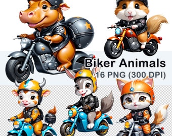 Watercolor Biker Animals Clipart: 16 PNG Images (Digital Download)