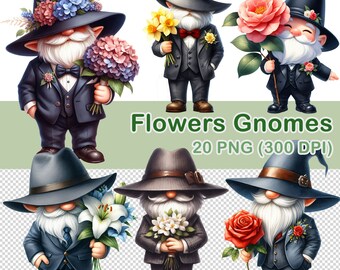 Watercolor Flower Gnomes Clipart: 20 PNG Images (300 DPI) (Digital Download)