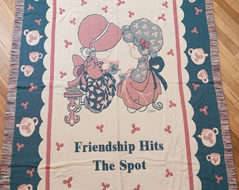 Rare 1993 Precious Moments Tapestry-look Jacquard Throw Blanket w/Fringe: Friendship Hits the Spot - Dusty Pink, Blue, Beige - 50"W x 74"L