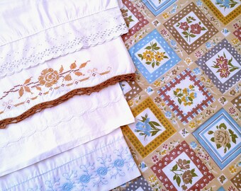 Mismatched MCM Full/Double Flat Sheet + (4) Pillowcases, Blue Brown Tan Gold White Floral Patchwork, Shabby Cottagecore Country Feminine