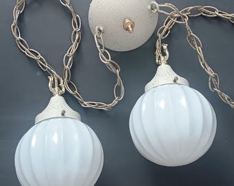 Vintage 1960s Double Swag Pendant Lamp: Gold Specked White Fixtures, Chains, Canopy + Finial, Milk Glass Globes - WORKS