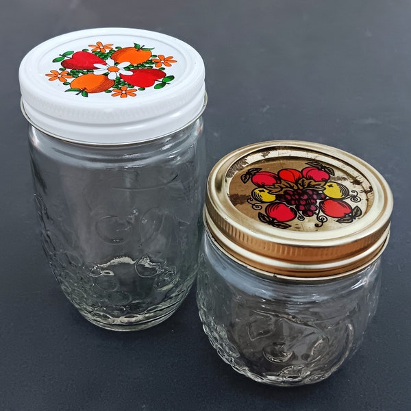 Collectible Vintage Ball & Kerr Embossed Fruit Jelly Jars, 8 oz Ball + 12 oz Kerr, w/Vintage Fruit Seals + Rings - Collectible Canning Jars