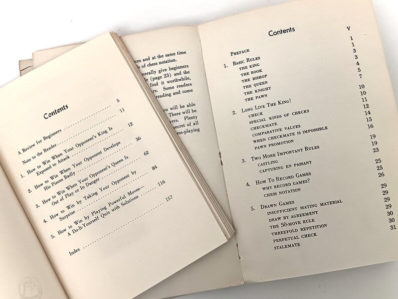 May include: A book titled "Chess for Beginners" with a table of contents listing chapters on basic rules, checkmate, castling, recording games, and drawn games.