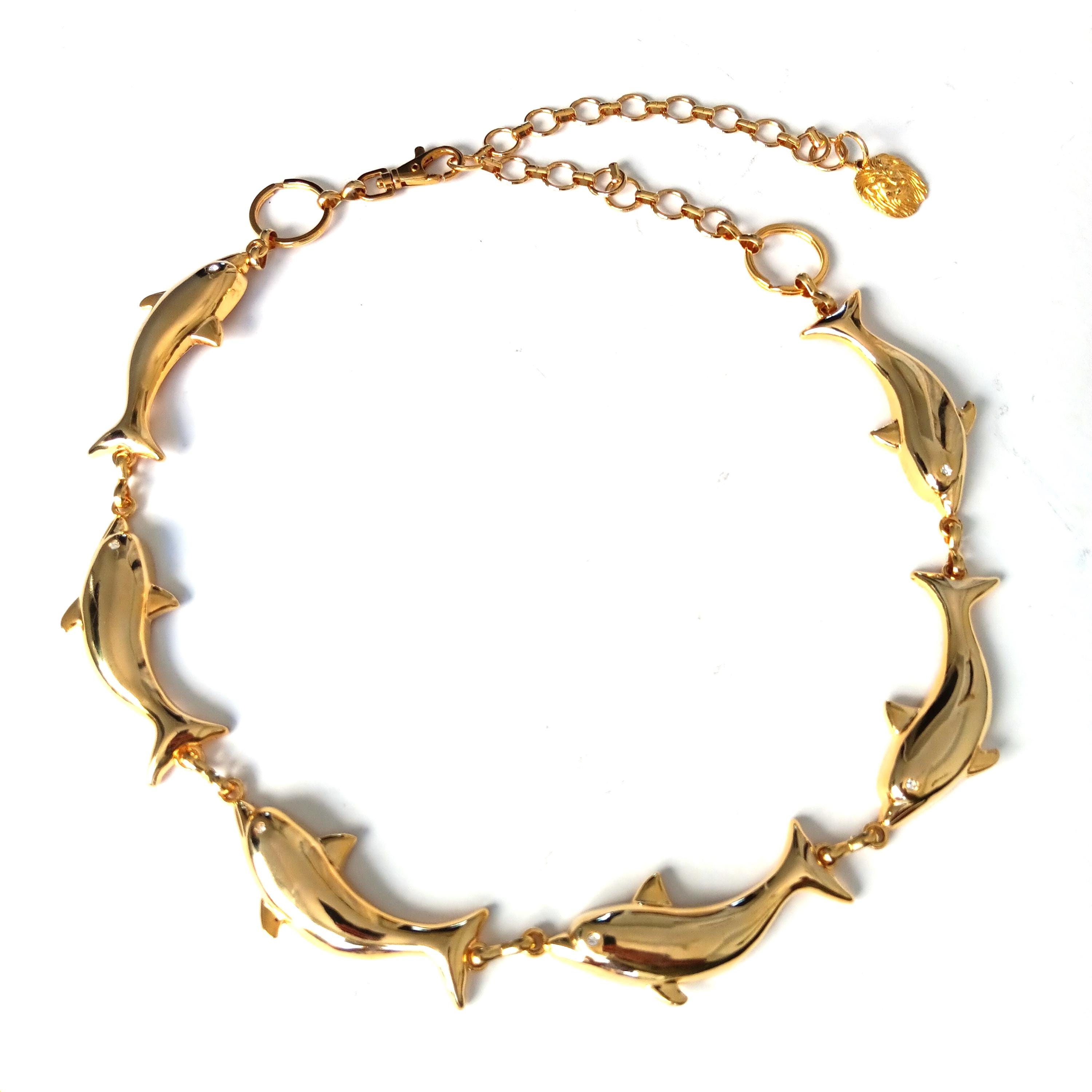 Vintage Gold Anne Klein Dolphin Chain Belt, Rhinestone Eyes  display picture 2